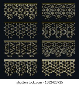 Set of golden seamless borders, line patterns. Tribal ethnic arabic, indian decorative ornaments, fashion gold lace collection. Isolated design elements for headline, banners, wedding invitation cards