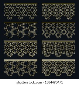 Set of golden seamless borders, line patterns. Tribal ethnic arabic, indian decorative ornaments, fashion gold lace collection. Isolated design elements for headline, banners, wedding invitation cards