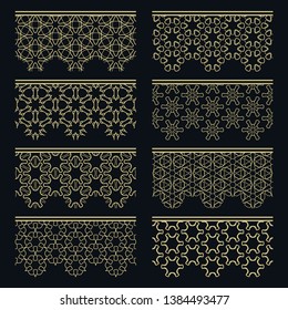 Set of golden seamless borders, line patterns. Tribal ethnic arabic, indian decorative ornaments, fashion gold lace collection. Isolated design elements for headline, banners, wedding invitation cards