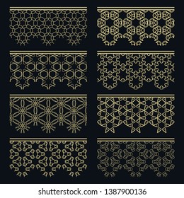 Set of golden seamless borders, line patterns. Tribal ethnic arabic, indian decorative ornaments, fashion gold lace collection. Isolated design elements for headline, banners, wedding invitation cards