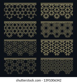 Set of golden seamless borders, line patterns. Tribal ethnic arabic, indian decorative ornaments, fashion gold lace collection. Isolated design elements for headline, banners, wedding invitation cards