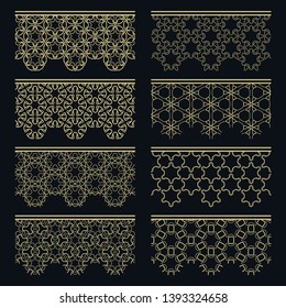 Set of golden seamless borders, line patterns. Tribal ethnic arabic, indian decorative ornaments, fashion gold lace collection. Isolated design elements for headline, banners, wedding invitation cards