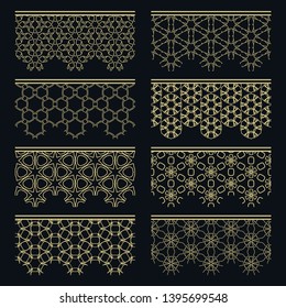 Set of golden seamless borders, line patterns. Tribal ethnic arabic, indian decorative ornaments, fashion gold lace collection. Isolated design elements for headline, banners, wedding invitation cards