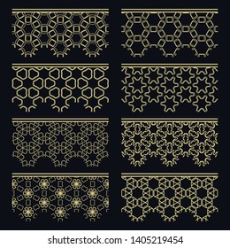 Set of golden seamless borders, line patterns. Tribal ethnic arabic, indian decorative ornaments, fashion gold lace collection. Isolated design elements for headline, banners, wedding invitation cards