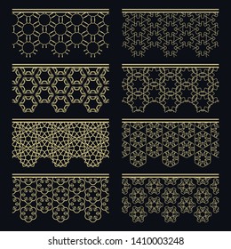 Set of golden seamless borders, line patterns. Tribal ethnic arabic, indian decorative ornaments, fashion gold lace collection. Isolated design elements for headline, banners, wedding invitation cards