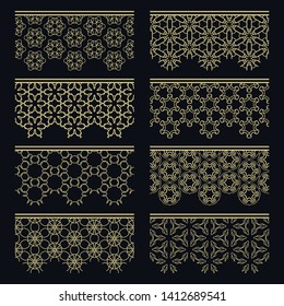 Set of golden seamless borders, line patterns. Tribal ethnic arabic, indian decorative ornaments, fashion gold lace collection. Isolated design elements for headline, banners, wedding invitation cards