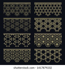 Set of golden seamless borders, line patterns. Tribal ethnic arabic, indian decorative ornaments, fashion gold lace collection. Isolated design elements for headline, banners, wedding invitation cards