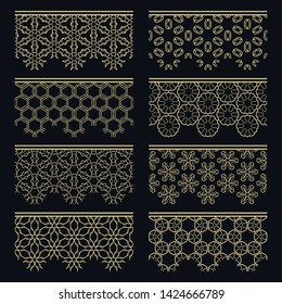 Set of golden seamless borders, line patterns. Tribal ethnic arabic, indian decorative ornaments, fashion gold lace collection. Isolated design elements for headline, banners, wedding invitation cards