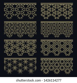 Set of golden seamless borders, line patterns. Tribal ethnic arabic, indian decorative ornaments, fashion gold lace collection. Isolated design elements for headline, banners, wedding invitation cards