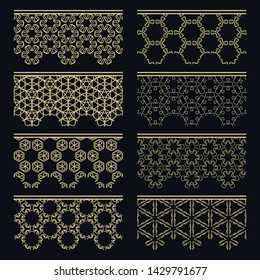 Set of golden seamless borders, line patterns. Tribal ethnic arabic, indian decorative ornaments, fashion gold lace collection. Isolated design elements for headline, banners, wedding invitation cards