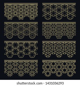 Set of golden seamless borders, line patterns. Tribal ethnic arabic, indian decorative ornaments, fashion gold lace collection. Isolated design elements for headline, banners, wedding invitation cards