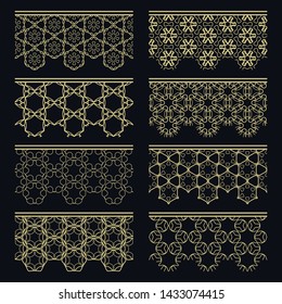 Set of golden seamless borders, line patterns. Tribal ethnic arabic, indian decorative ornaments, fashion gold lace collection. Isolated design elements for headline, banners, wedding invitation cards