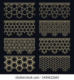 Set of golden seamless borders, line patterns. Tribal ethnic arabic, indian decorative ornaments, fashion gold lace collection. Isolated design elements for headline, banners, wedding invitation cards