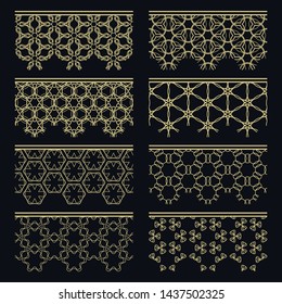 Set of golden seamless borders, line patterns. Tribal ethnic arabic, indian decorative ornaments, fashion gold lace collection. Isolated design elements for headline, banners, wedding invitation cards