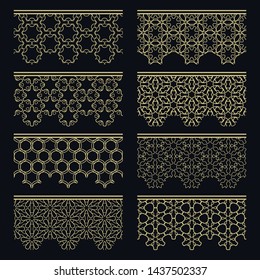 Set of golden seamless borders, line patterns. Tribal ethnic arabic, indian decorative ornaments, fashion gold lace collection. Isolated design elements for headline, banners, wedding invitation cards