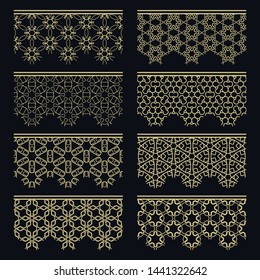 Set of golden seamless borders, line patterns. Tribal ethnic arabic, indian decorative ornaments, fashion gold lace collection. Isolated design elements for headline, banners, wedding invitation cards