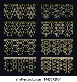Set of golden seamless borders, line patterns. Tribal ethnic arabic, indian decorative ornaments, fashion gold lace collection. Isolated design elements for headline, banners, wedding invitation cards