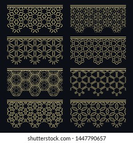 Set of golden seamless borders, line patterns. Tribal ethnic arabic, indian decorative ornaments, fashion gold lace collection. Isolated design elements for headline, banners, wedding invitation cards