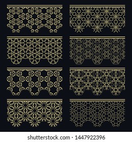 Set of golden seamless borders, line patterns. Tribal ethnic arabic, indian decorative ornaments, fashion gold lace collection. Isolated design elements for headline, banners, wedding invitation cards
