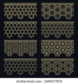 Set of golden seamless borders, line patterns. Tribal ethnic arabic, indian decorative ornaments, fashion gold lace collection. Isolated design elements for headline, banners, wedding invitation cards