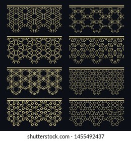 Set of golden seamless borders, line patterns. Tribal ethnic arabic, indian decorative ornaments, fashion gold lace collection. Isolated design elements for headline, banners, wedding invitation cards