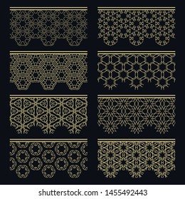 Set of golden seamless borders, line patterns. Tribal ethnic arabic, indian decorative ornaments, fashion gold lace collection. Isolated design elements for headline, banners, wedding invitation cards