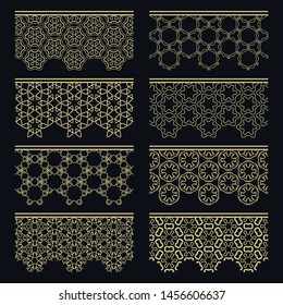 Set of golden seamless borders, line patterns. Tribal ethnic arabic, indian decorative ornaments, fashion gold lace collection. Isolated design elements for headline, banners, wedding invitation cards