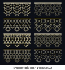 Set of golden seamless borders, line patterns. Tribal ethnic arabic, indian decorative ornaments, fashion gold lace collection. Isolated design elements for headline, banners, wedding invitation cards