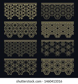 Set of golden seamless borders, line patterns. Tribal ethnic arabic, indian decorative ornaments, fashion gold lace collection. Isolated design elements for headline, banners, wedding invitation cards