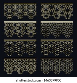 Set of golden seamless borders, line patterns. Tribal ethnic arabic, indian decorative ornaments, fashion gold lace collection. Isolated design elements for headline, banners, wedding invitation cards