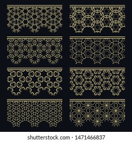 Set of golden seamless borders, line patterns. Tribal ethnic arabic, indian decorative ornaments, fashion gold lace collection. Isolated design elements for headline, banners, wedding invitation cards