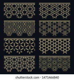 Set of golden seamless borders, line patterns. Tribal ethnic arabic, indian decorative ornaments, fashion gold lace collection. Isolated design elements for headline, banners, wedding invitation cards