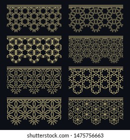 Set of golden seamless borders, line patterns. Tribal ethnic arabic, indian decorative ornaments, fashion gold lace collection. Isolated design elements for headline, banners, wedding invitation cards