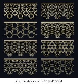 Set of golden seamless borders, line patterns. Tribal ethnic arabic, indian decorative ornaments, fashion gold lace collection. Isolated design elements for headline, banners, wedding invitation cards