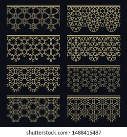 Set of golden seamless borders, line patterns. Tribal ethnic arabic, indian decorative ornaments, fashion gold lace collection. Isolated design elements for headline, banners, wedding invitation cards