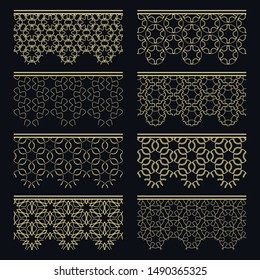 Set of golden seamless borders, line patterns. Tribal ethnic arabic, indian decorative ornaments, fashion gold lace collection. Isolated design elements for headline, banners, wedding invitation cards