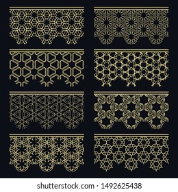 Set of golden seamless borders, line patterns. Tribal ethnic arabic, indian decorative ornaments, fashion gold lace collection. Isolated design elements for headline, banners, wedding invitation cards