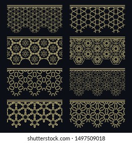 Set of golden seamless borders, line patterns. Tribal ethnic arabic, indian decorative ornaments, fashion gold lace collection. Isolated design elements for headline, banners, wedding invitation cards