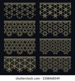 Set of golden seamless borders, line patterns. Tribal ethnic arabic, indian decorative ornaments, fashion gold lace collection. Isolated design elements for headline, banners, wedding invitation cards
