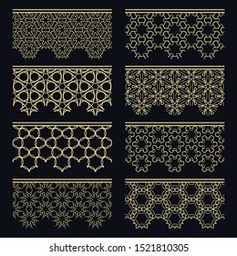 Set of golden seamless borders, line patterns. Tribal ethnic arabic, indian decorative ornaments, fashion gold lace collection. Isolated design elements for headline, banners, wedding invitation cards