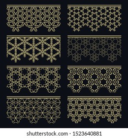 Set of golden seamless borders, line patterns. Tribal ethnic arabic, indian decorative ornaments, fashion gold lace collection. Isolated design elements for headline, banners, wedding invitation cards