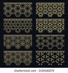 Set of golden seamless borders, line patterns. Tribal ethnic arabic, indian decorative ornaments, fashion gold lace collection. 