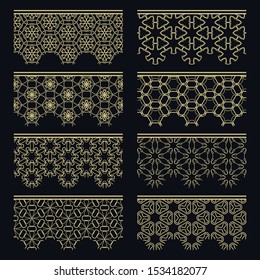 Set of golden seamless borders, line patterns. Tribal ethnic arabic, indian decorative ornaments, fashion gold lace collection. 