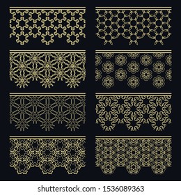 Set of golden seamless borders, line patterns. Tribal ethnic arabic, indian decorative ornaments, fashion gold lace collection. Isolated design elements for headline, banners, wedding invitation cards