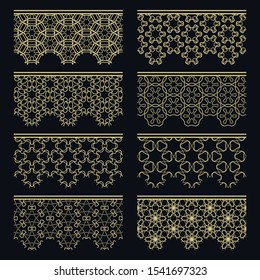 Set of golden seamless borders, line patterns. Tribal ethnic arabic, indian decorative ornaments, fashion gold lace collection. Isolated design elements for headline, banners, wedding invitation cards