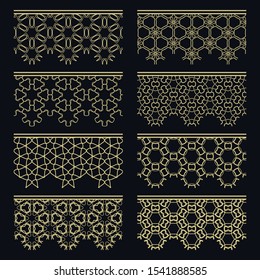 Set of golden seamless borders, line patterns. Tribal ethnic arabic, indian decorative ornaments, fashion gold lace collection. Isolated design elements for headline, banners, wedding invitation cards