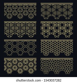 Set of golden seamless borders, line patterns. Tribal ethnic arabic, indian decorative ornaments, fashion gold lace collection. Isolated design elements for headline, banners, wedding invitation cards