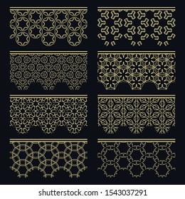 Set of golden seamless borders, line patterns. Tribal ethnic arabic, indian decorative ornaments, fashion gold lace collection. Isolated design elements for headline, banners, wedding invitation cards