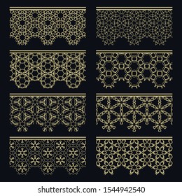 Set of golden seamless borders, line patterns. Tribal ethnic arabic, indian decorative ornaments, fashion gold lace collection. Isolated design elements for headline, banners, wedding invitation cards