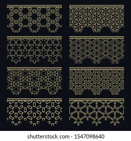 Set of golden seamless borders, line patterns. Tribal ethnic arabic, indian decorative ornaments, fashion gold lace collection. Isolated design elements for headline, banners, wedding invitation cards